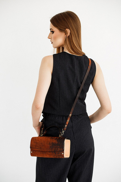 Коричневая кожаная сумка через плечо с деревянными вставками Because KVADRO-VINTAGE TERRACOT - фото 2