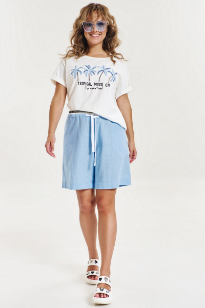 Белая футболка с авторской вышивкой, свободный силуэт, летняя ткань AVE RARA 2185 экрю-голубая_вышивка - фото 2