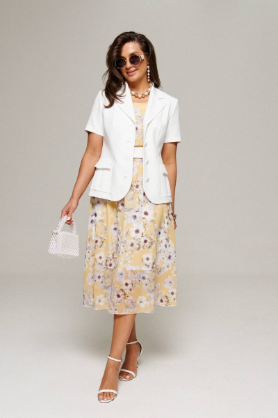 Нарядный летний костюм жакет и платье из шифона Beautiful&Free 6100 молочный+желтый - фото 2