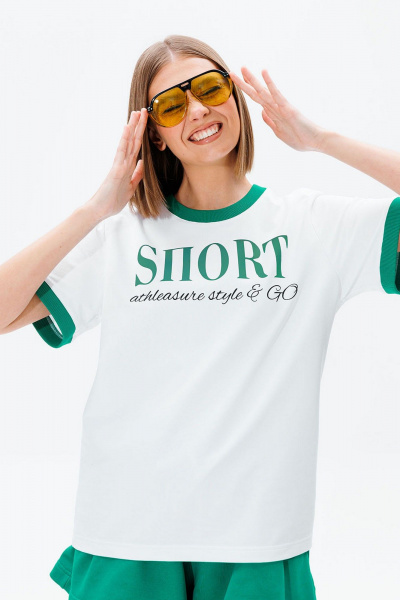 Белая и зеленая футболка с контрастной печатью и бейками GO F1006/01-01(P23-02) - фото 4