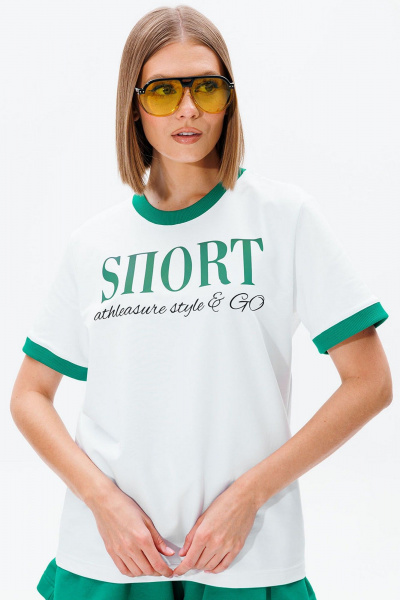 Белая и зеленая футболка с контрастной печатью и бейками GO F1006/01-01(P23-02) - фото 1
