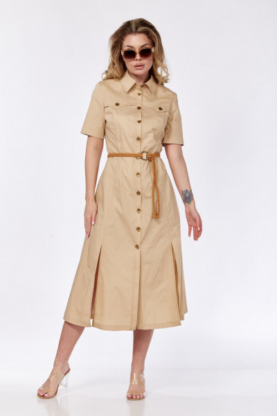 Платье приталенное расклешенное из хлопка с карманами VI ORO VR-1132 капучино - фото 3