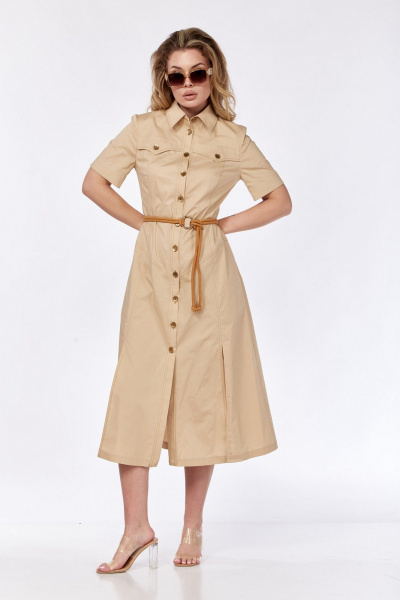 Платье приталенное расклешенное из хлопка с карманами VI ORO VR-1132 капучино - фото 2