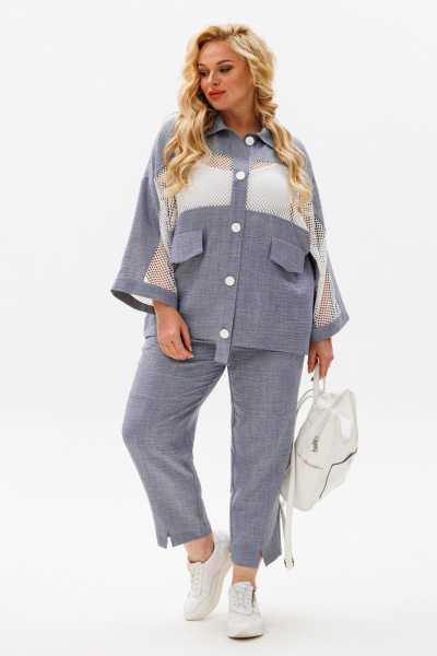 Комплект: зауженные брюки и блузка с сетчатыми вставками Anastasia 1091 серый_меланж - фото 10