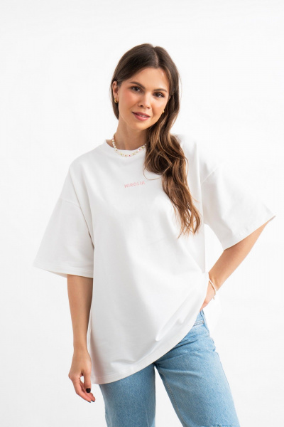 Белая хлопковая футболка с принтом и вышивкой effortless style Mirolia 1227-1 розовый - фото 1