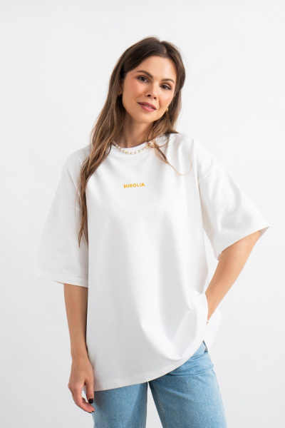 Белая хлопковая футболка с уникальным принтом и удлинённым рукавом Mirolia 1227-2 оранжевый - фото 1