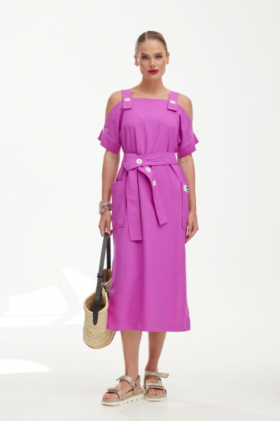 Сарафан с накладными карманами и поясом из ткани Твой имидж 1851 сирень - фото 1