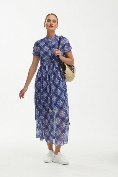 Платье шифоновое с воздушным силуэтом и бело-синим принтом Твой имидж 1891 синий - фото 6