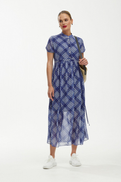 Платье шифоновое с воздушным силуэтом и бело-синим принтом Твой имидж 1891 синий - фото 4