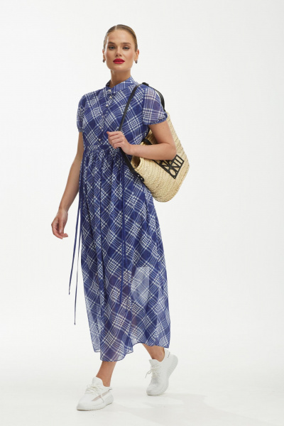 Платье шифоновое с воздушным силуэтом и бело-синим принтом Твой имидж 1891 синий - фото 3