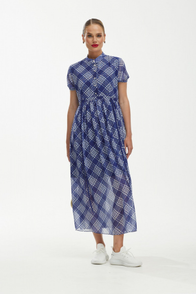 Платье шифоновое с воздушным силуэтом и бело-синим принтом Твой имидж 1891 синий - фото 1