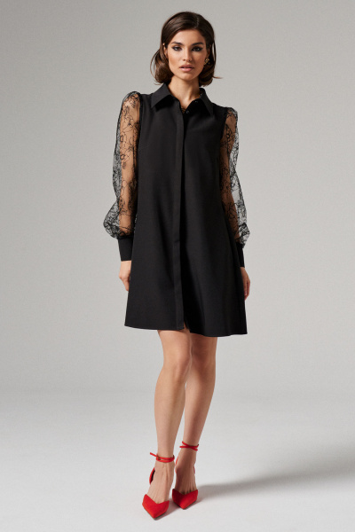 Платье мини с рукавами-летучками иоротом рубашечного типа Панда 69683w черный - фото 1