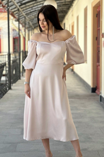 Платье миди в стиле нарядный с акцентными рукавами S.O.L O Me М-1563 бежевый - фото 1