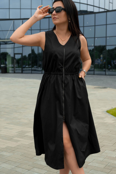Летнее хлопковое платье с V-образным вырезом и карманами Nati Brend 005 черный - фото 2