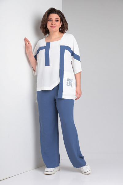 Летний женский костюм оверсайз из текстиля с карманами Rishelie 956 синий - фото 1