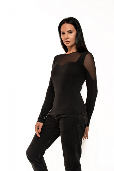 Джемпер из трикотажа с комбинированной кокеткой и рукавами из сетки BRAVO D030 черный - фото 3