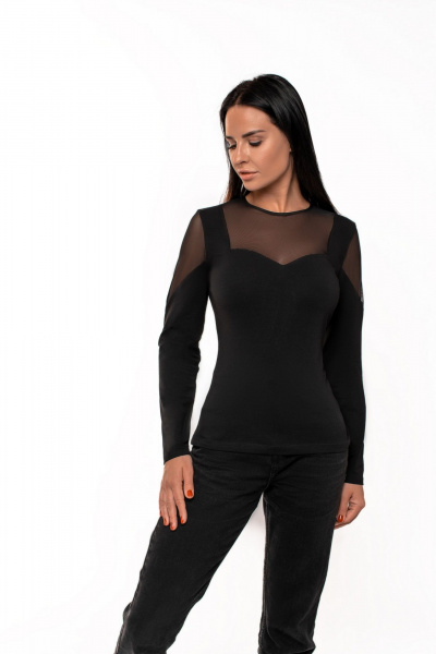 Джемпер из трикотажа с комбинированной кокеткой и рукавами из сетки BRAVO D030 черный - фото 1