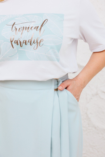 Комплект юбки и футболки на запах с принтом и карманами Michel chic 1376 белый,голубой - фото 7