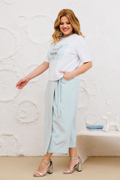 Комплект юбки и футболки на запах с принтом и карманами Michel chic 1376 белый,голубой - фото 4