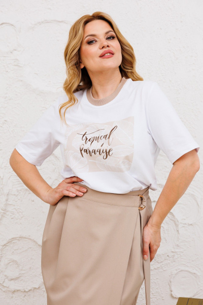 Юбочный комплект из хлопковой футболки и длинной юбки на запах Michel chic 1376 белый,бежевый - фото 7