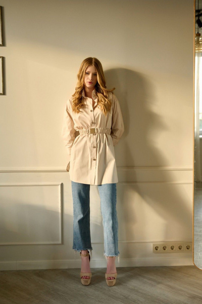 Блуза из хлопка с поясом и фигурным низом Мастер Мод 670с бежевый - фото 1