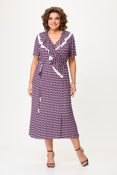 Летнее платье с запахом и шнурками из вискозы Avenue 0126 слива+молоко - фото 1