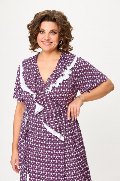 Летнее платье с запахом и шнурками из вискозы Avenue 0126 слива+молоко - фото 7