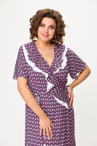 Летнее платье с запахом и шнурками из вискозы Avenue 0126 слива+молоко - фото 6