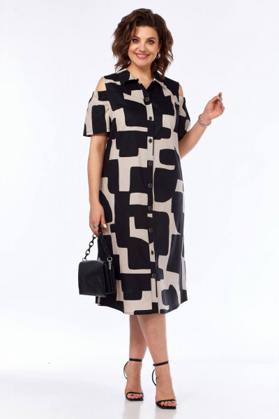 Платье прямого силуэта в мультиколоре с карманами Matini 3.1769 коричневый+молоко - фото 1