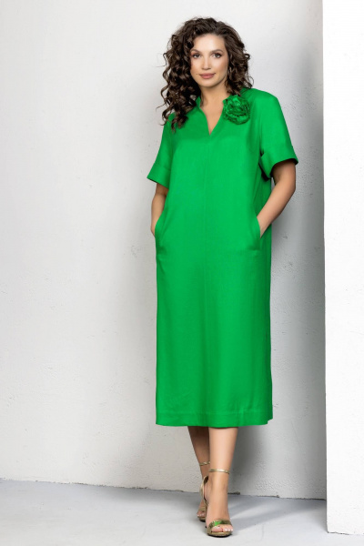 Платье из льна и текстиля с съемным цветком и карманами Gold Style 2611 зеленый - фото 8