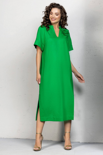 Платье из льна и текстиля с съемным цветком и карманами Gold Style 2611 зеленый - фото 6