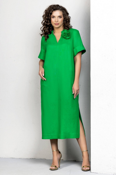 Платье из льна и текстиля с съемным цветком и карманами Gold Style 2611 зеленый - фото 4