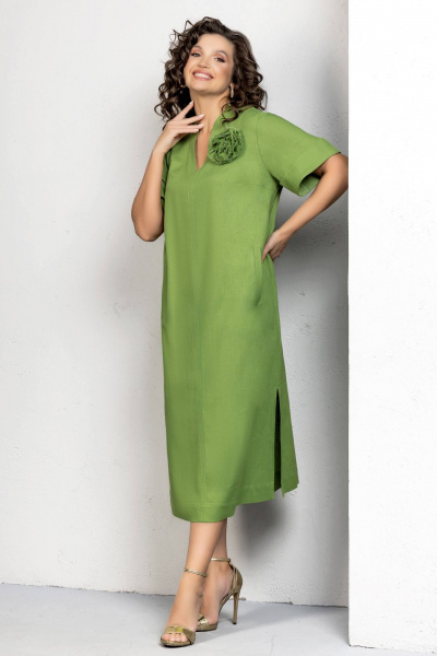 Платье в стиле бохо из льна с съемным цветком Gold Style 2611 салатовый - фото 6