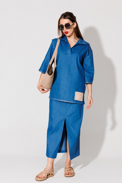 Блуза свободного кроя с запахом и разрезами NikVa 478-3 синий - фото 8