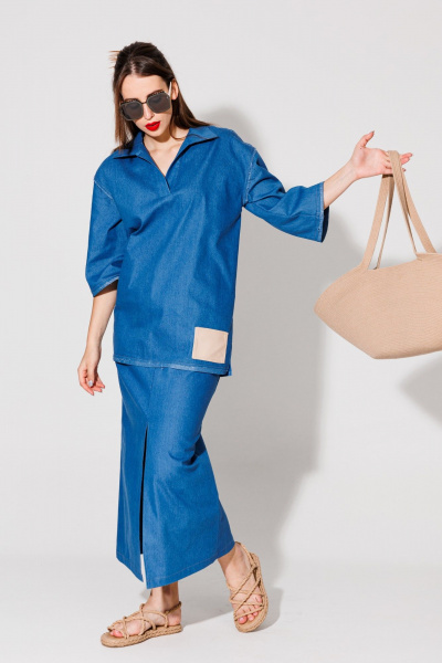 Блуза свободного кроя с запахом и разрезами NikVa 478-3 синий - фото 7