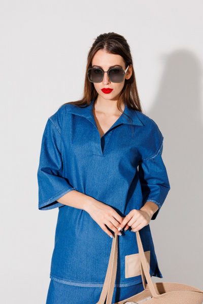 Блуза свободного кроя с запахом и разрезами NikVa 478-3 синий - фото 4