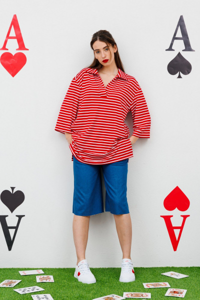 Блуза с запахом и воротником-стойкой из текстиля NikVa 478.4 красный_полоска - фото 8