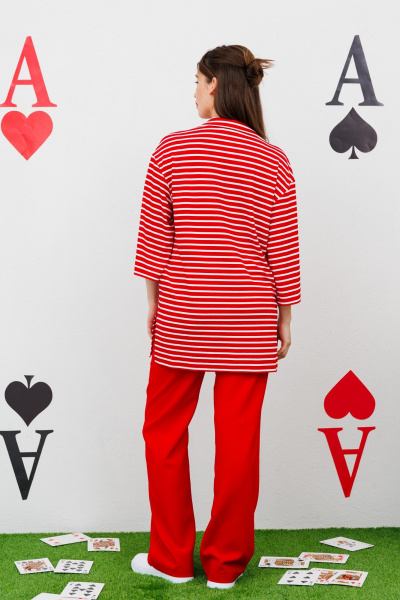 Блуза с запахом и воротником-стойкой из текстиля NikVa 478.4 красный_полоска - фото 7