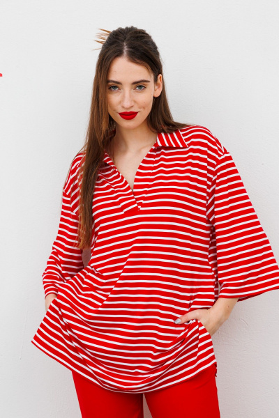Блуза с запахом и воротником-стойкой из текстиля NikVa 478.4 красный_полоска - фото 1