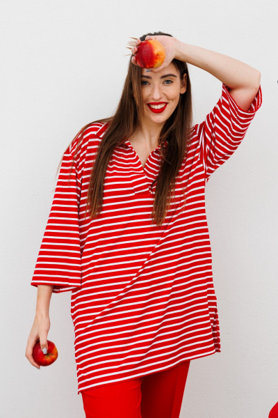 Блуза с запахом и воротником-стойкой из текстиля NikVa 478.4 красный_полоска - фото 6