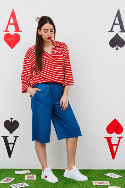 Блуза с запахом и воротником-стойкой из текстиля NikVa 478.4 красный_полоска - фото 2