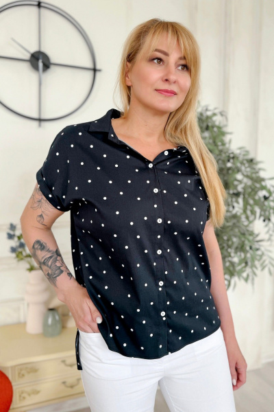 Блуза с разрезами и воротником-стойкой из хлопка Rumoda 2219 темно-синий - фото 4