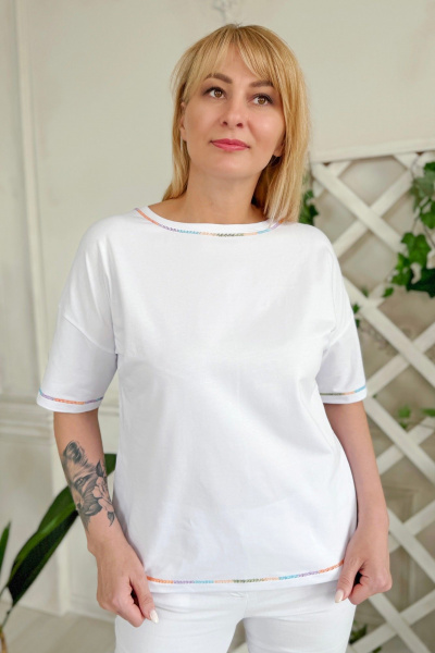 Джемпер с горловиной «лодочка» и декоративным швом Rumoda 2220 оранжевый_белый - фото 7