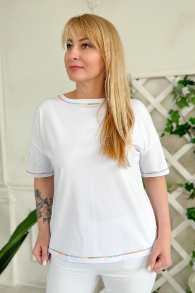 Джемпер с горловиной «лодочка» и декоративным швом Rumoda 2220 оранжевый_белый - фото 4