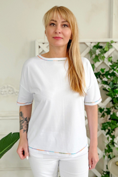 Джемпер с горловиной «лодочка» и декоративным швом Rumoda 2220 оранжевый_белый - фото 3