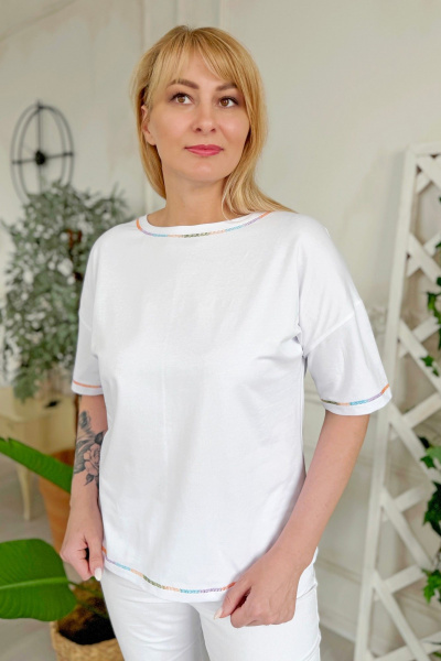 Джемпер с горловиной «лодочка» и декоративным швом Rumoda 2220 оранжевый_белый - фото 2