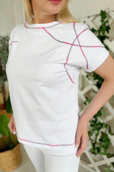 Круглогодичный хлопковый джемпер с нагрудным карманом Rumoda 2221 розовый_белый - фото 7