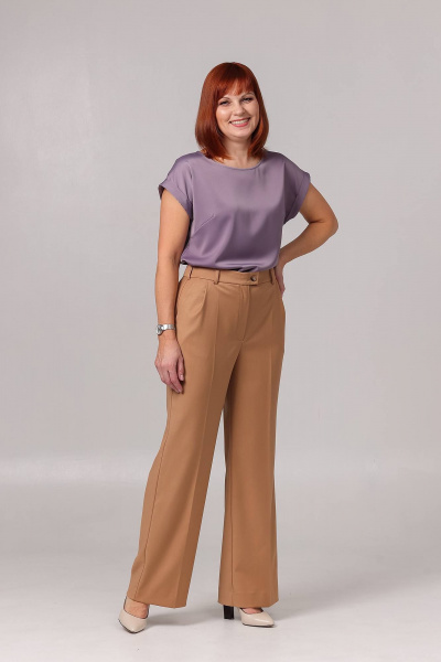 Брюки прямые из текстиля с карманами и складками Соджи 614 песочный - фото 2