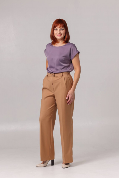 Брюки прямые из текстиля с карманами и складками Соджи 614 песочный - фото 1