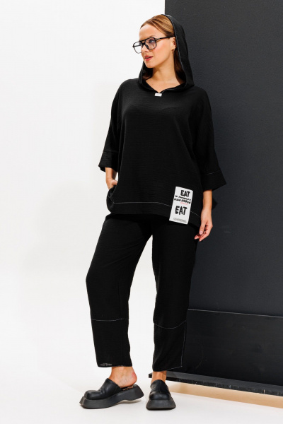 Летний комплект блузка с капюшоном и брюки бананы Anastasia 1118 черный - фото 2